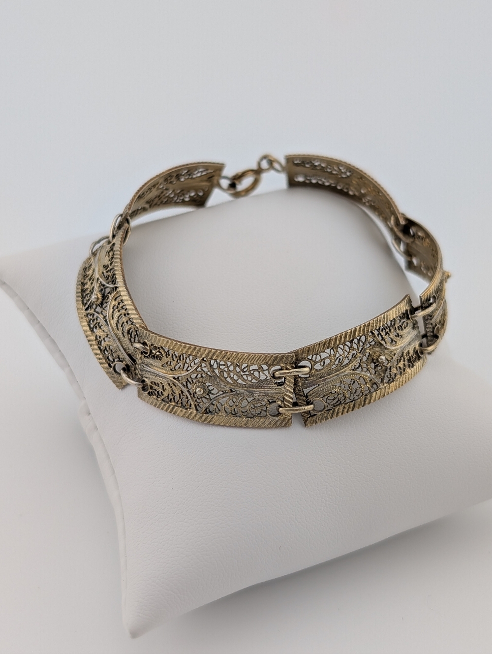 Vintage 925 Sterling Silver Gold Vermeil Filigree Panel Link Bracelet
